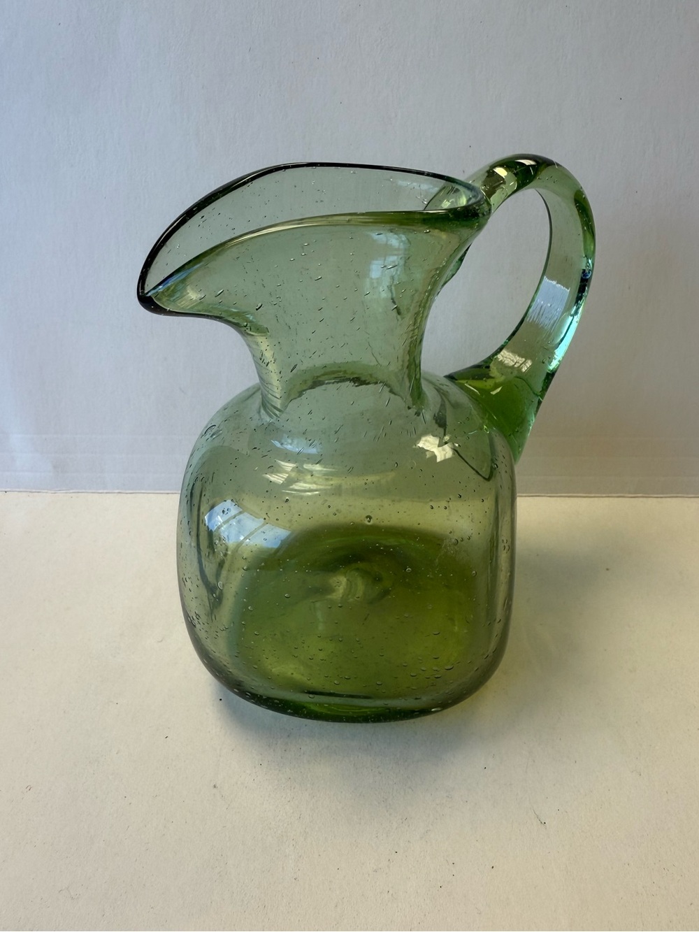 Vintage MCM Hand Blown Avocado Green Small Glass Pitcher Creamer Circle Optic